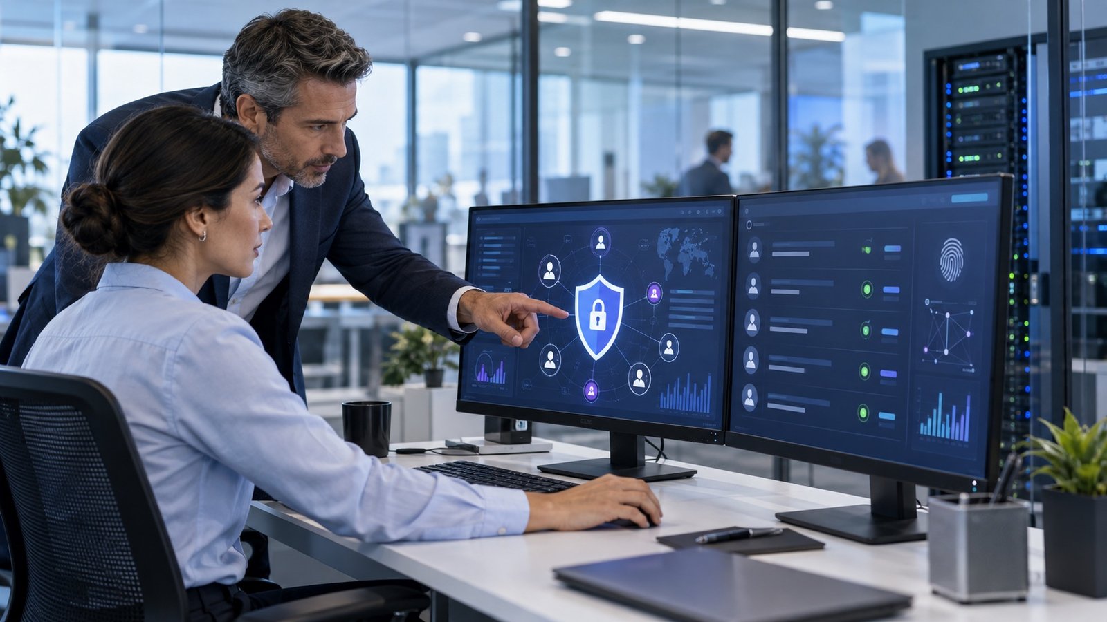Security specialists reviewing identity and access controls