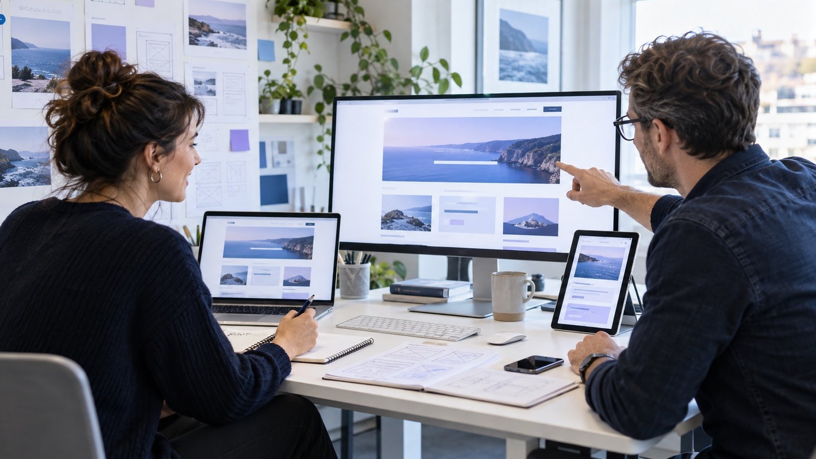 Designers reviewing a responsive website across devices